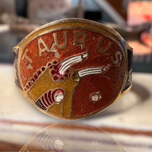 Vintage Brass Hand Painted TAURUS Zodiac Cuff Bracelet Astrology - Picture 4 of 10